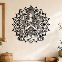Yoga Woman Mandala Metal Wall Art, Meditation Lotus Pose Girl Iron Sign, Spiritual Boho Zen Bedroom Studio Decor, Hanging