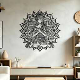 Yoga Woman Mandala Metal Wall Art, Meditation Lotus Pose Girl Iron Sign, Spiritual Boho Zen Bedroom Studio Decor, Hanging - thumbnail 3