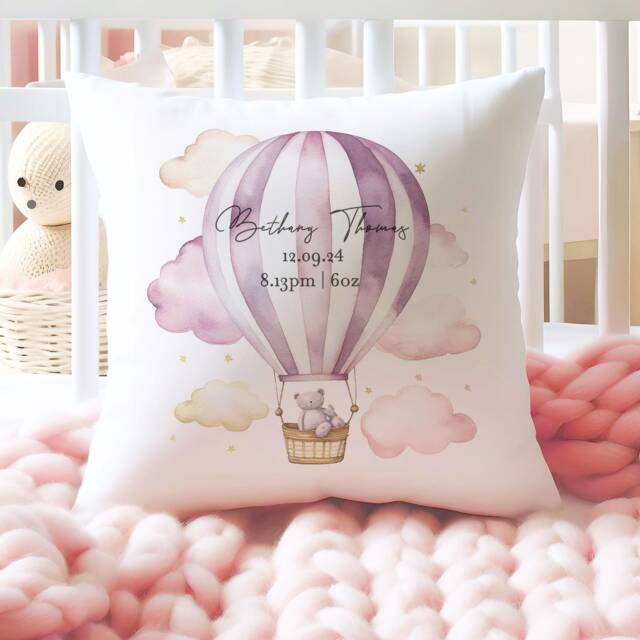 Personalized Baby Cushion - Balloon Nursery Decor, New Girl Gift - image 1