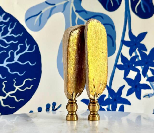 Golden Driftwood Lamp Finials - Two-Faced Gold Gilded On Shiny Brass Hardware A Matching Pair - image 1