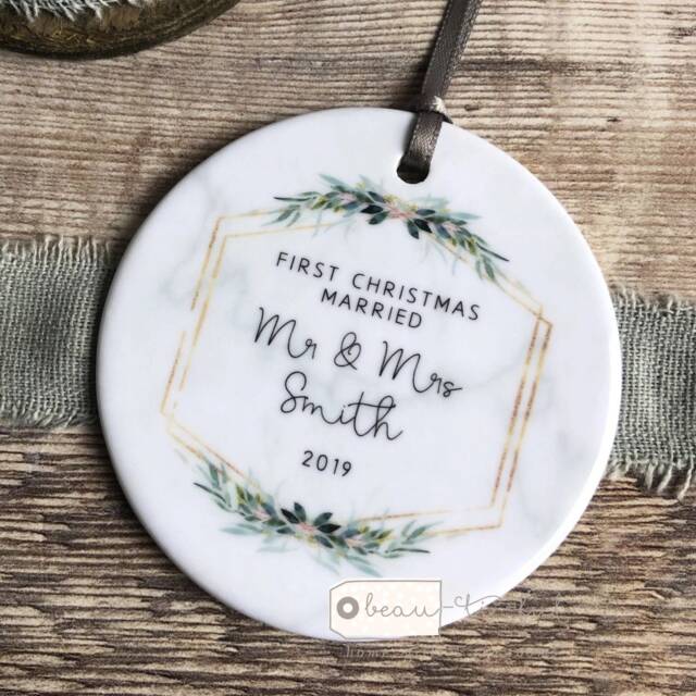 Personalised First Christmas Married Wedding Gift Mr Mrs Newlywed Botanical Greenery Design Ceramic Or Acrylic Round Ornament Keepsake - image 1
