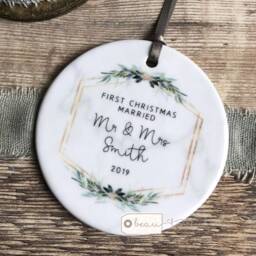 Personalised First Christmas Married Wedding Gift Mr Mrs Newlywed Botanical Greenery Design Ceramic Or Acrylic Round Ornament Keepsake - thumbnail 1