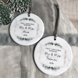 Personalised First Christmas Married Wedding Gift Mr Mrs Newlywed Botanical Greenery Design Ceramic Or Acrylic Round Ornament Keepsake - thumbnail 2