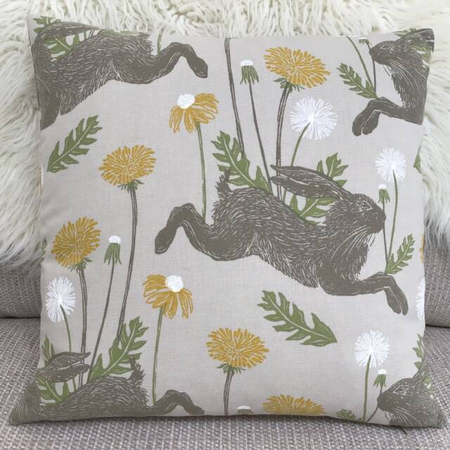 March Leaping Hare Double Sided Cushion Cover Yellow Ochre Dandelion Rabbit Fabric - image 1