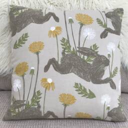 March Leaping Hare Double Sided Cushion Cover Yellow Ochre Dandelion Rabbit Fabric - thumbnail 1