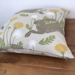 March Leaping Hare Double Sided Cushion Cover Yellow Ochre Dandelion Rabbit Fabric - thumbnail 2