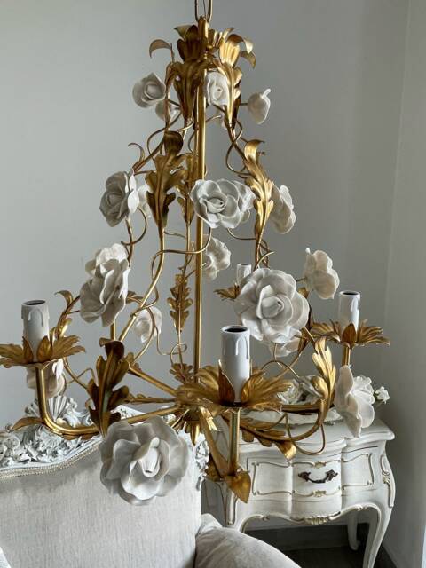 Made in Italy Wrought Iron Gold Leaf Birdcage Chandelier, 5 Lights White Capodimonte Style Porcelain Roses - image 1