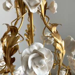 Made in Italy Wrought Iron Gold Leaf Birdcage Chandelier, 5 Lights White Capodimonte Style Porcelain Roses - thumbnail 4
