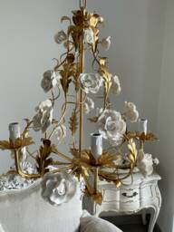 Made in Italy Wrought Iron Gold Leaf Birdcage Chandelier, 5 Lights White Capodimonte Style Porcelain Roses