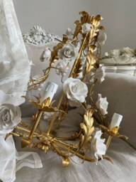 Made in Italy Wrought Iron Gold Leaf Birdcage Chandelier, 5 Lights White Capodimonte Style Porcelain Roses - thumbnail 2