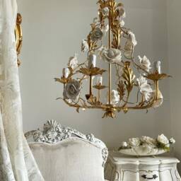 Made in Italy Wrought Iron Gold Leaf Birdcage Chandelier, 5 Lights White Capodimonte Style Porcelain Roses - thumbnail 3