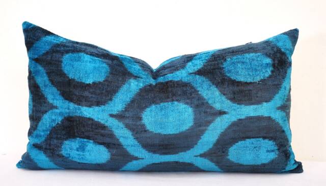 Navy Blue Velvet Ikat Pillow Cover, Silk Accent Cushion - image 1