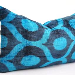 Navy Blue Velvet Ikat Pillow Cover, Silk Accent Cushion - thumbnail 2
