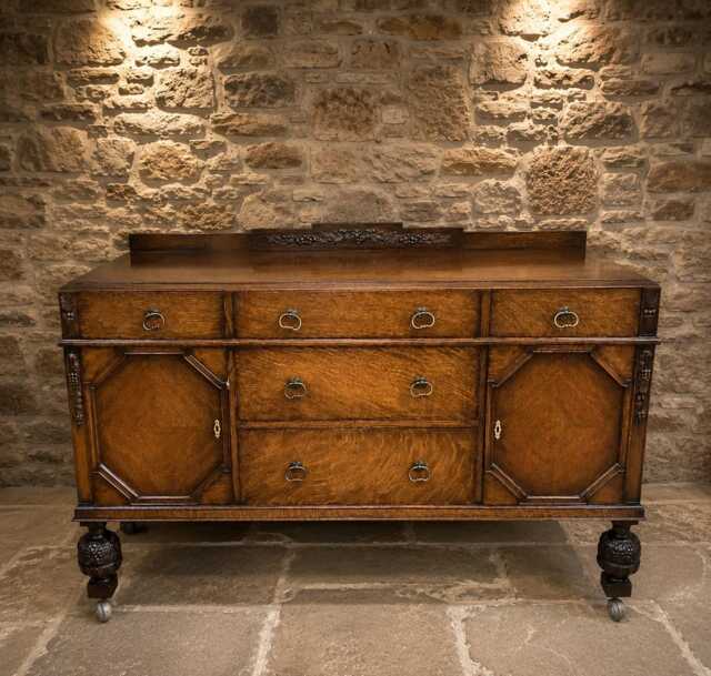 Antique English Tiger Oak Jacobean Revival Sideboard - C.1930 Solid Buffet Cabinet - image 1