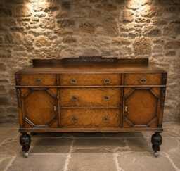 Antique English Tiger Oak Jacobean Revival Sideboard - C.1930 Solid Buffet Cabinet - thumbnail 1