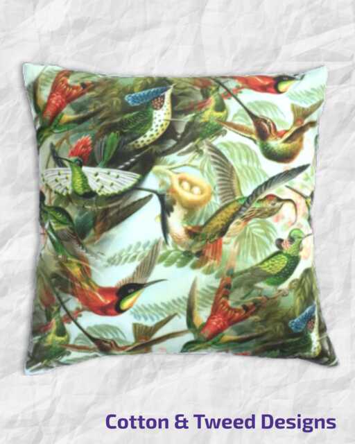 Accent Pillow, Art Nouveau Design Tropical Hummingbird Fabric, With Blue Velvet Back - image 1