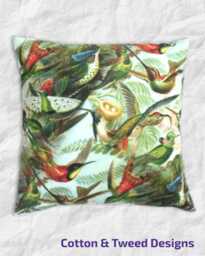 Accent Pillow, Art Nouveau Design Tropical Hummingbird Fabric, With Blue Velvet Back - thumbnail 1