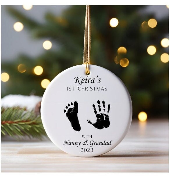 Personalised First Christmas Bauble - 1st Baby Hand Print Foot Keepsake Small Gift For Nan Grandad Tree Decoration Xmas Decor