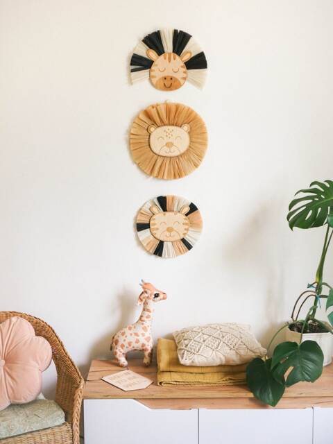 Custom Set Of Baby Animals, Lion -Tiger - Zebra Boho Nursery Decor, Face Raffia Wall Hanging, Safari Jungle - image 1