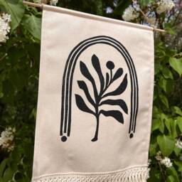 Sacred Growth - Block Printed Canvas Wall Hanging With Cotton Fringe - thumbnail 2