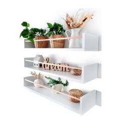 Set Of 3 White Floating Shelves, Scandinavian Bookshelf With Beech Rod - thumbnail 1