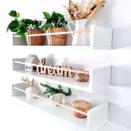 Set Of 3 White Floating Shelves, Scandinavian Bookshelf With Beech Rod - thumbnail 2