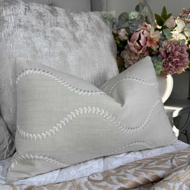 "Greige Beige Cushion Cover - Embroidered Elegance in John Lewis Chattis Fabric - 12""x20" - image 1