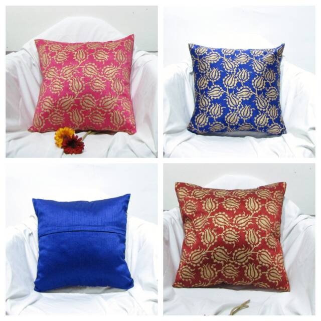 Silk Cushion/Pillow Cover, 16 X 16 Inches.block Print.floral Motif, Pink.red, Blue With Gold Block Print, Toronto Canada, Accent Pillow Case - image 1