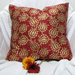 Silk Cushion/Pillow Cover, 16 X 16 Inches.block Print.floral Motif, Pink.red, Blue With Gold Block Print, Toronto Canada, Accent Pillow Case - thumbnail 3