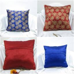 Silk Cushion/Pillow Cover, 16 X 16 Inches.block Print.floral Motif, Pink.red, Blue With Gold Block Print, Toronto Canada, Accent Pillow Case - thumbnail 2