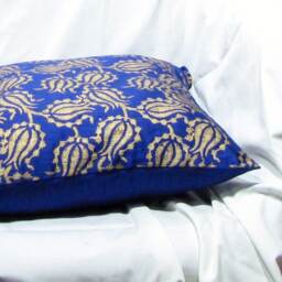 Silk Cushion/Pillow Cover, 16 X 16 Inches.block Print.floral Motif, Pink.red, Blue With Gold Block Print, Toronto Canada, Accent Pillow Case - thumbnail 4