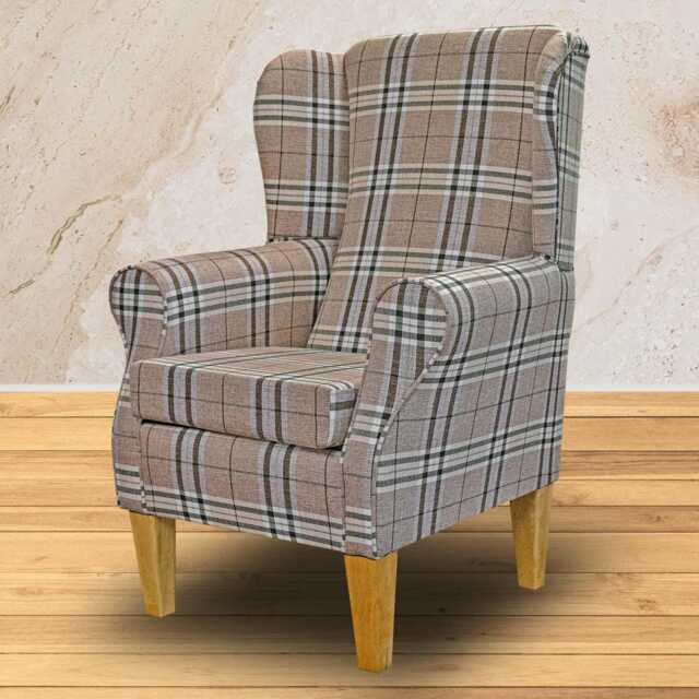 Handmade Tartan Wingback Armchair Beige Check Fireside Chair - image 1