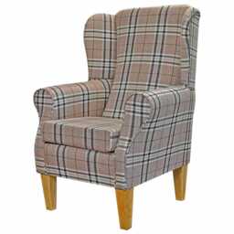 Handmade Tartan Wingback Armchair Beige Check Fireside Chair - thumbnail 3