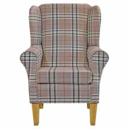 Handmade Tartan Wingback Armchair Beige Check Fireside Chair - thumbnail 2