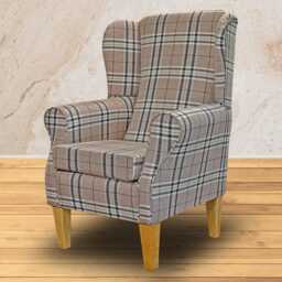 Handmade Tartan Wingback Armchair Beige Check Fireside Chair - thumbnail 1