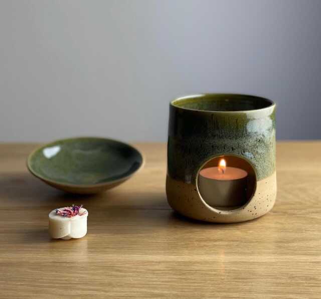Handmade Stoneware Green Oil Burner - Artisan Candle Holder Ceramic Melter Pottery Wax Melt Burner- Essential Aromatherapy Gift - image 1
