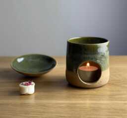 Handmade Stoneware Green Oil Burner - Artisan Candle Holder Ceramic Melter Pottery Wax Melt Burner- Essential Aromatherapy Gift - thumbnail 1
