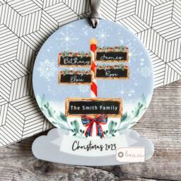 Personalised Family Christmas Gift Snow Scene Signpost Design Acrylic Snowglobe Ornament Keepsake Bauble Gift