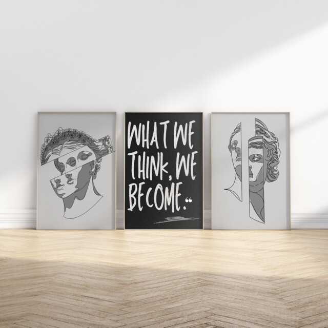 Modern Greek-Inspired 3-Piece Poster Set - Minimalist Sculpture Illustrations & Motivational Typography Wall Art/Physical - image 1