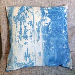 Handprinted Blue Pillow - Cyanotype With Velvet & Abstract Paint Motive - thumbnail 2
