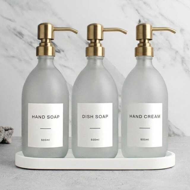 White Tray & Frosted Dispenser Set - Labelled Refillable Bottle With Gold Pump & Label - For Shampoo, Hand Soap, Cream, Body Wash - image 1