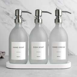 White Tray & Frosted Dispenser Set - Labelled Refillable Bottle With Gold Pump & Label - For Shampoo, Hand Soap, Cream, Body Wash - thumbnail 3