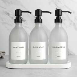 White Tray & Frosted Dispenser Set - Labelled Refillable Bottle With Gold Pump & Label - For Shampoo, Hand Soap, Cream, Body Wash - thumbnail 2