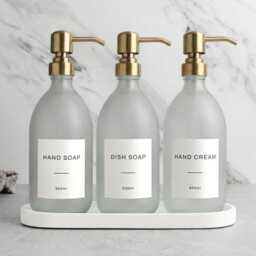 White Tray & Frosted Dispenser Set - Labelled Refillable Bottle With Gold Pump & Label - For Shampoo, Hand Soap, Cream, Body Wash - thumbnail 1