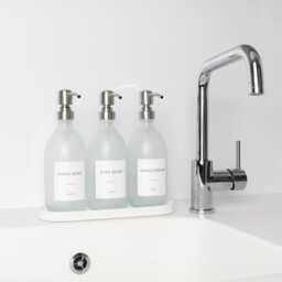White Tray & Frosted Dispenser Set - Labelled Refillable Bottle With Gold Pump & Label - For Shampoo, Hand Soap, Cream, Body Wash - thumbnail 4