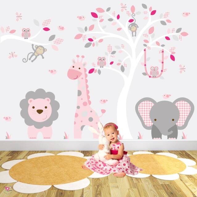 Safari Decals, Cerise Pink & Grey Nursery Decor. Elephant, Giraffe, Lion, Monkeys Woodland Owls. Girls Wall Stickers, White Tree Mural - image 1