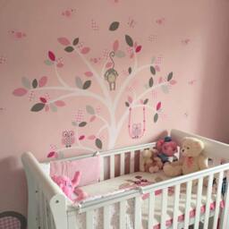 Safari Decals, Cerise Pink & Grey Nursery Decor. Elephant, Giraffe, Lion, Monkeys Woodland Owls. Girls Wall Stickers, White Tree Mural - thumbnail 2