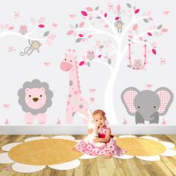 Safari Decals, Cerise Pink & Grey Nursery Decor. Elephant, Giraffe, Lion, Monkeys Woodland Owls. Girls Wall Stickers, White Tree Mural - thumbnail 1