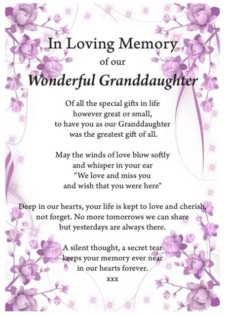 Granddaughter in Loving Memory Print, Funeral Poem, Missing You, Bereavement, Heaven Grief Granddaughter Heaven - image 1
