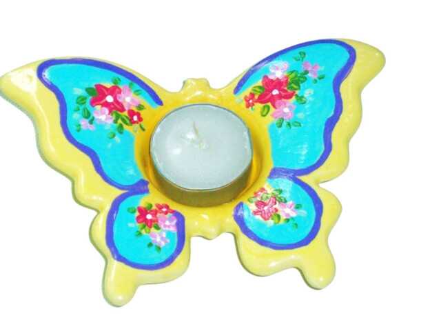 Hand-Painted Ceramic Butterfly Tea Light Holder Set, Colorful Floral Bohemian Decor, One Of A Kind - image 1